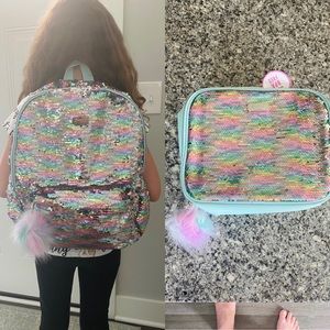 New justice rainbow sequins backpack and lunchbox